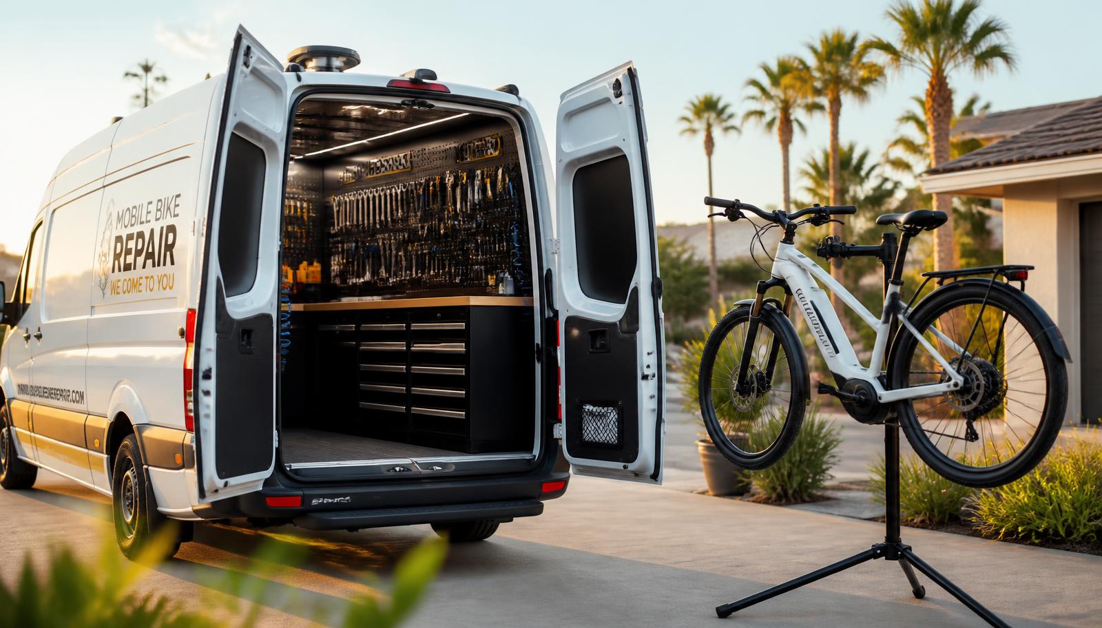 Inside a Mobile Bike Repair van, a bike on the work stand and a full tool wall